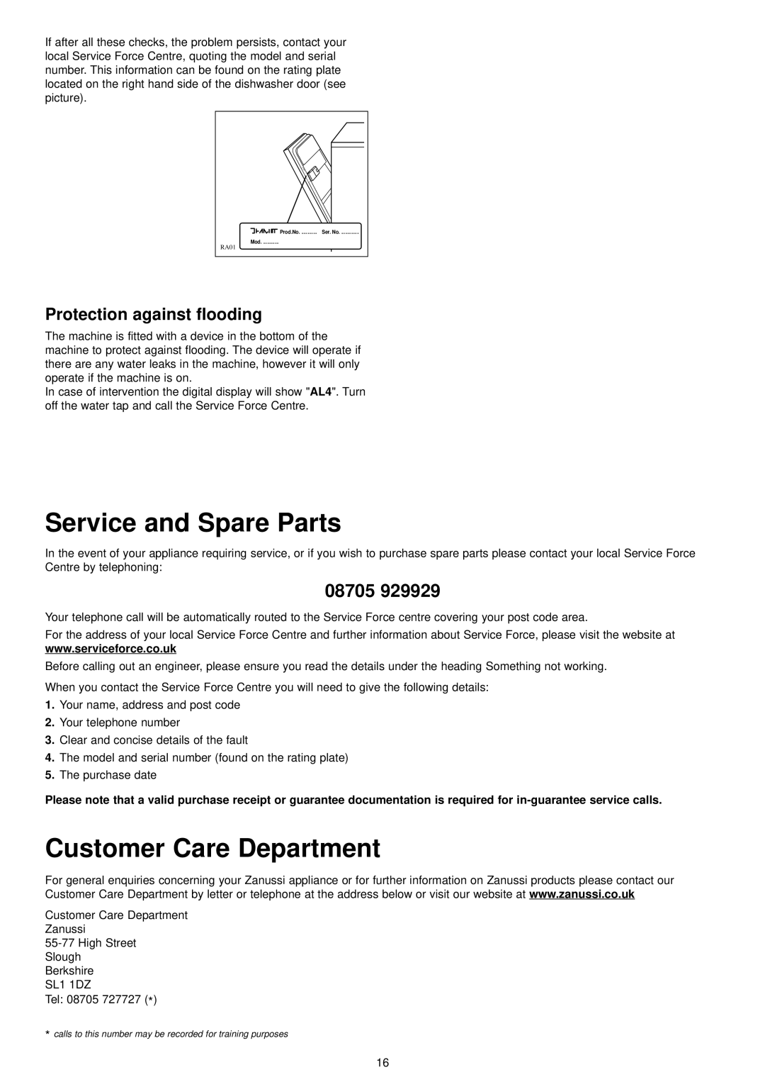 Zanussi ZDI 6895 QA manual Service and Spare Parts, Customer Care Department, Protection against flooding, Zanussi.co.uk 