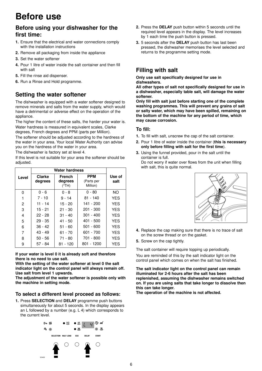 Zanussi ZDI 6895 QA, ZDI 6895 QX manual Before use, Setting the water softener, Filling with salt, Selection, Delay 