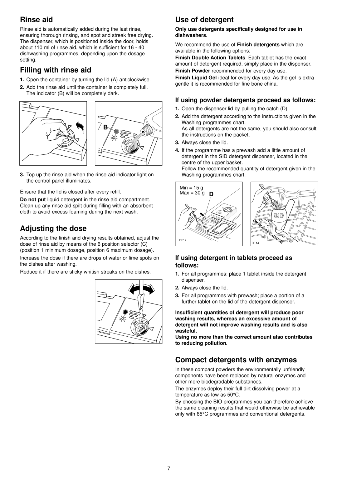 Zanussi ZDI 6895 QX, ZDI 6895 QA manual Rinse aid, Filling with rinse aid, Use of detergent, Adjusting the dose 