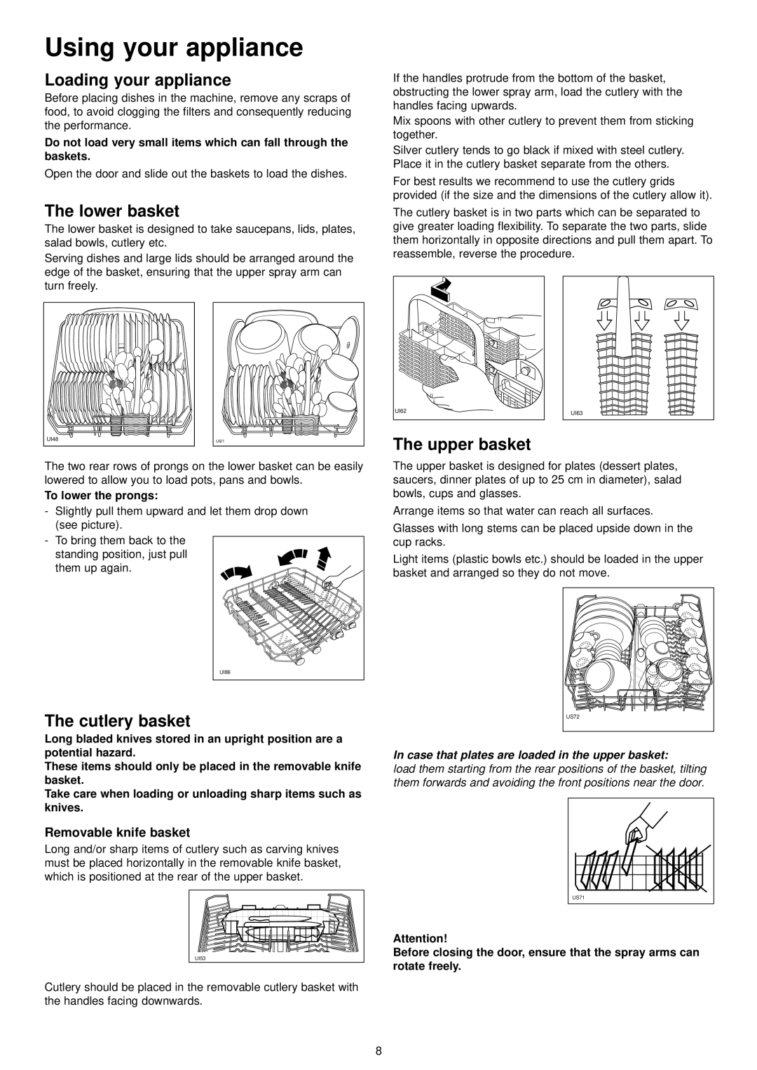 Zanussi ZDI 6895 QA, ZDI 6895 QX Using your appliance, Loading your appliance, Lower basket, Upper basket, Cutlery basket 