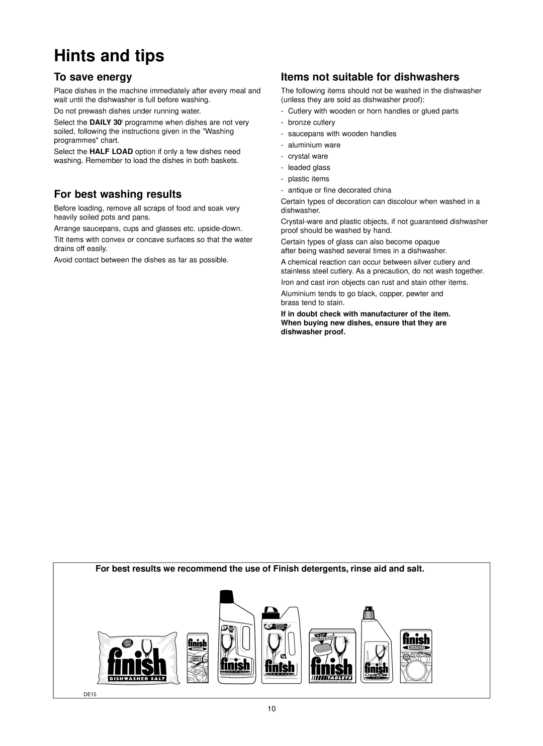 Zanussi ZDI 6895 SX Hints and tips, To save energy, For best washing results, Items not suitable for dishwashers, Daily 