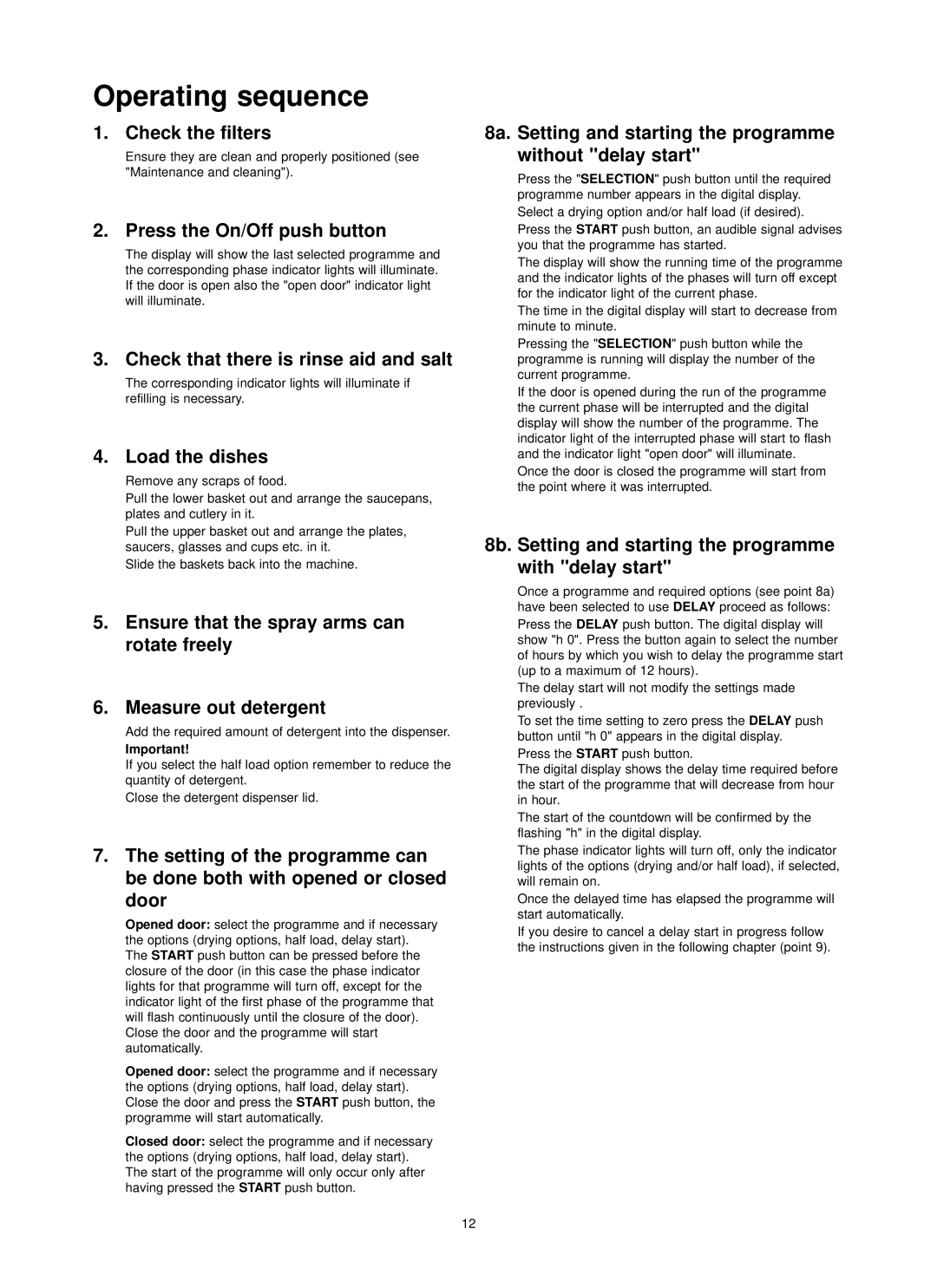 Zanussi ZDI 6895 SX manual Operating sequence 