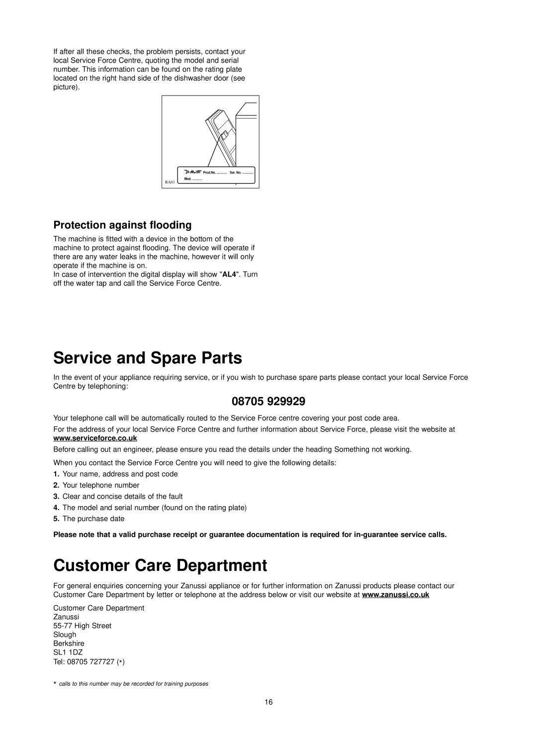 Zanussi ZDI 6895 SX manual Service and Spare Parts, Customer Care Department, Protection against flooding, Zanussi.co.uk 