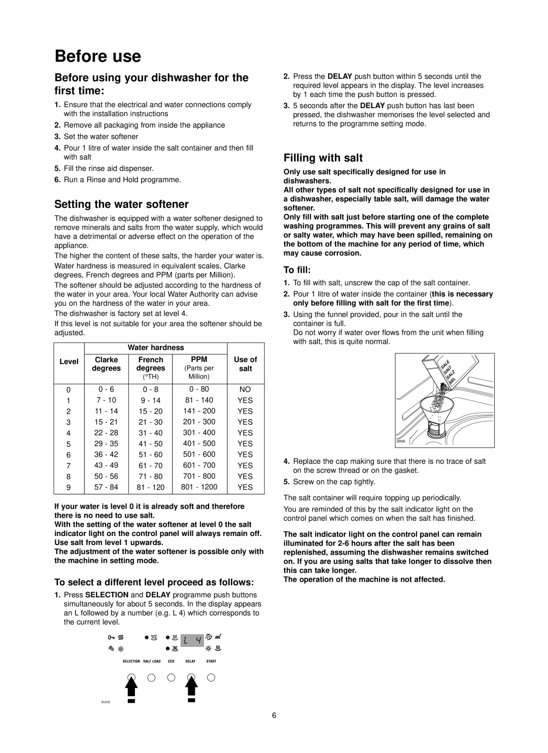 Zanussi ZDI 6895 SX manual Before use, Setting the water softener, Filling with salt, Delay 