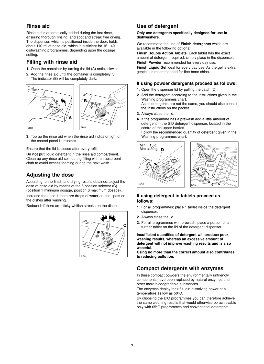 Zanussi ZDI 6895 SX manual Rinse aid, Filling with rinse aid, Use of detergent, Adjusting the dose 