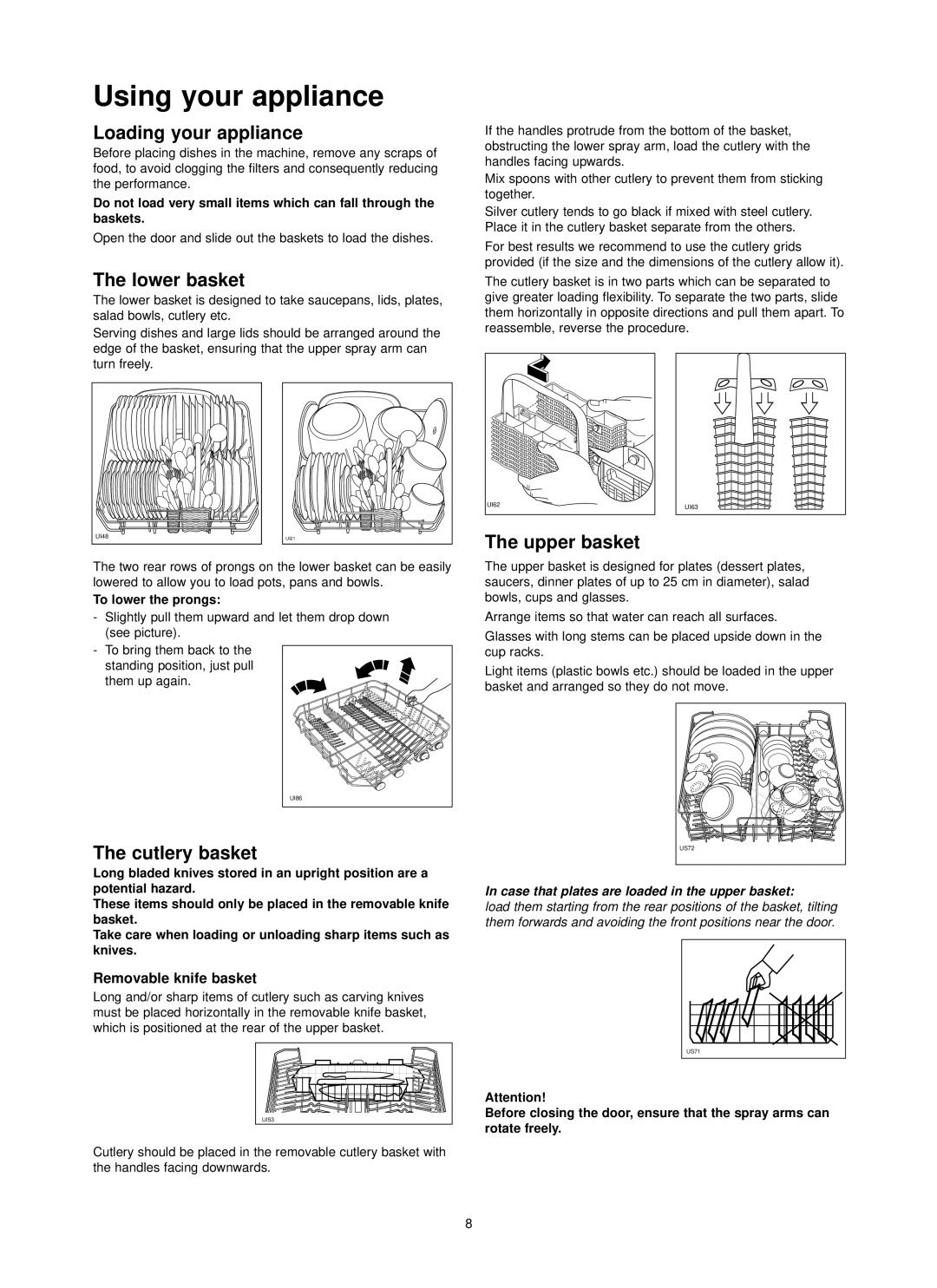 Zanussi ZDI 6895 SX manual Using your appliance, Loading your appliance, Lower basket, Upper basket, Cutlery basket 