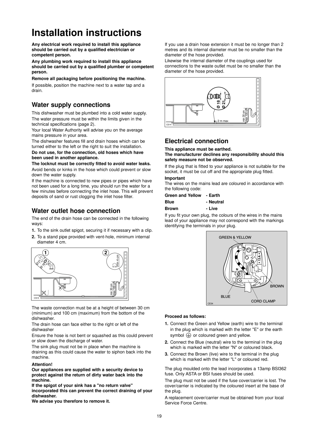 Zanussi ZDI 6895 SX manual Installation instructions, Water supply connections, Water outlet hose connection, Brown 