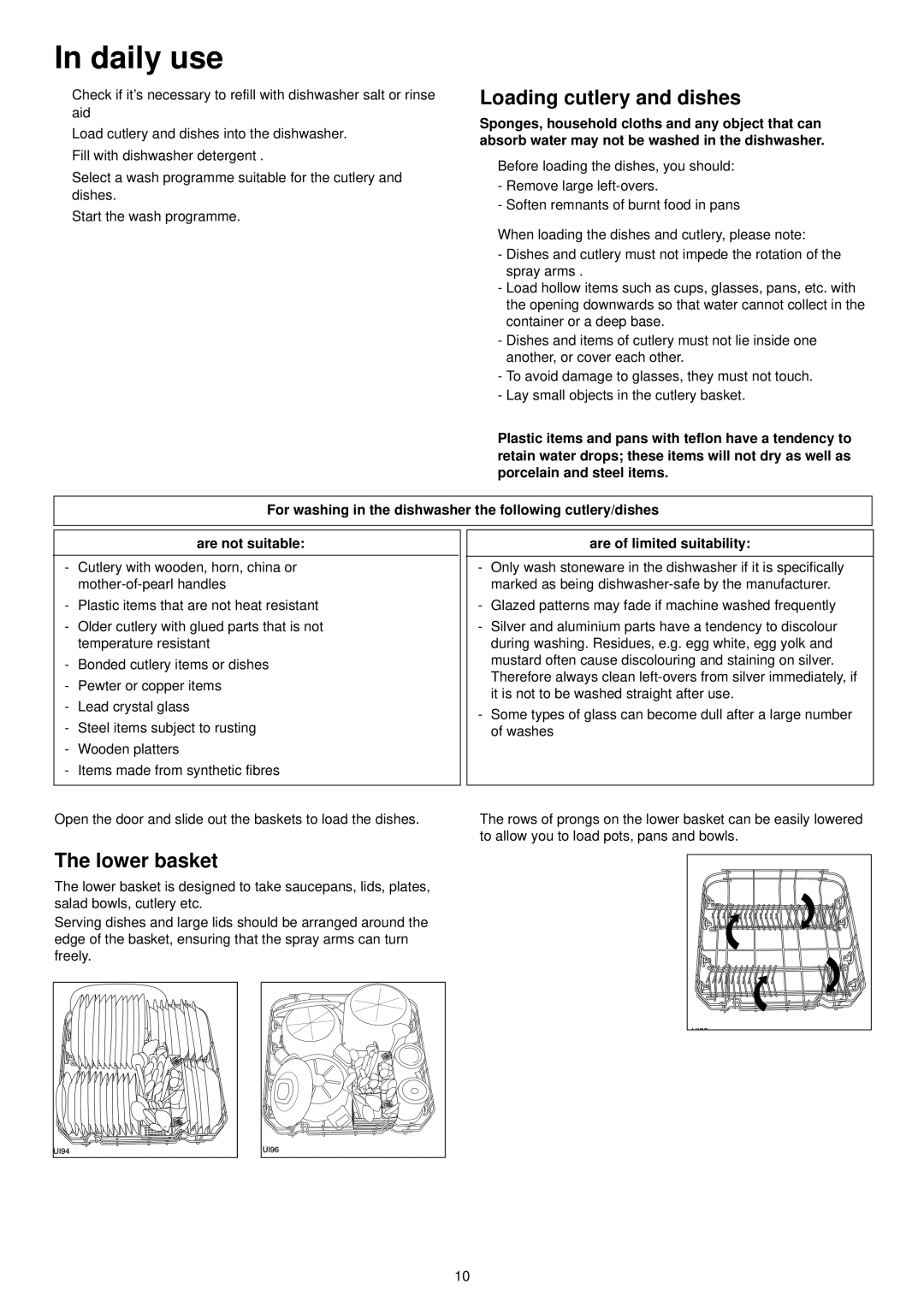 Zanussi ZDI 6896 SX manual Daily use, Loading cutlery and dishes, Lower basket, Are of limited suitability 