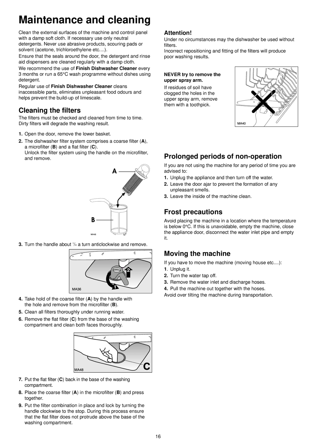 Zanussi ZDI 6896 SX Maintenance and cleaning, Cleaning the filters, Prolonged periods of non-operation, Frost precautions 