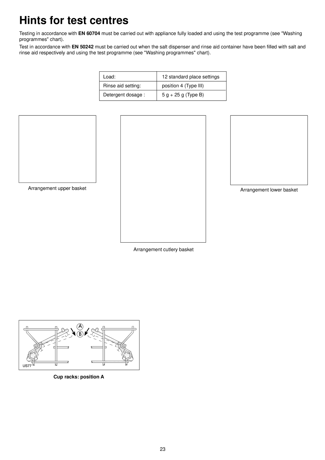 Zanussi ZDI 6896 SX manual Hints for test centres, Cup racks position a 