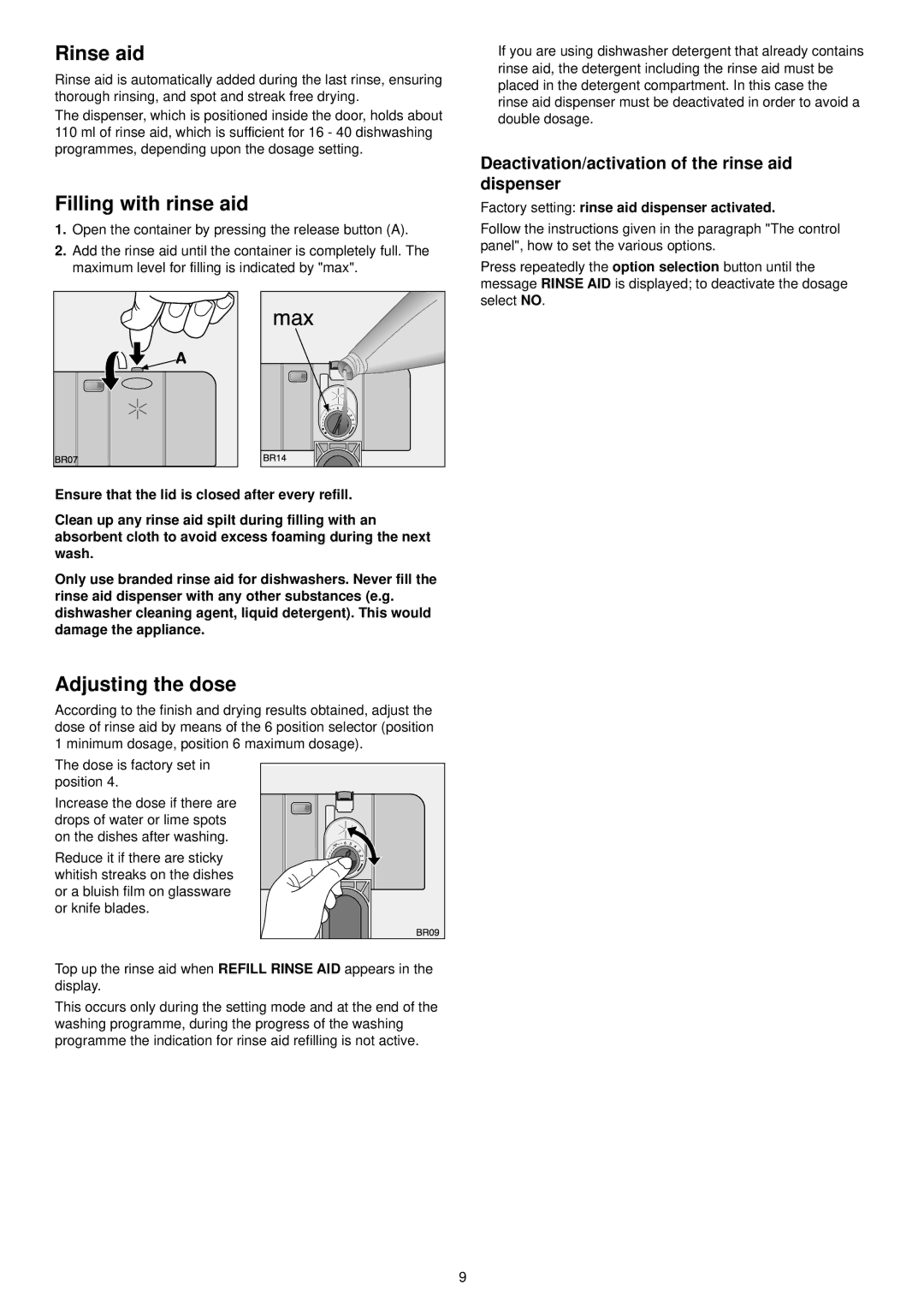 Zanussi ZDI 6896 SX Rinse aid, Filling with rinse aid, Adjusting the dose, Factory setting rinse aid dispenser activated 