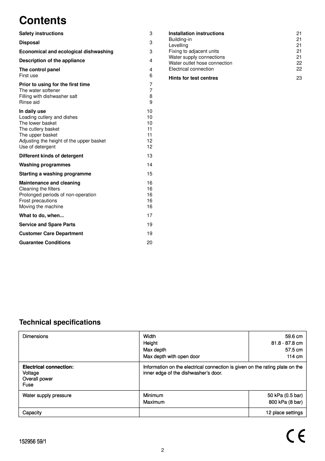 Zanussi ZDI 6896 SX manual Contents, Technical specifications, 152956 59/1 