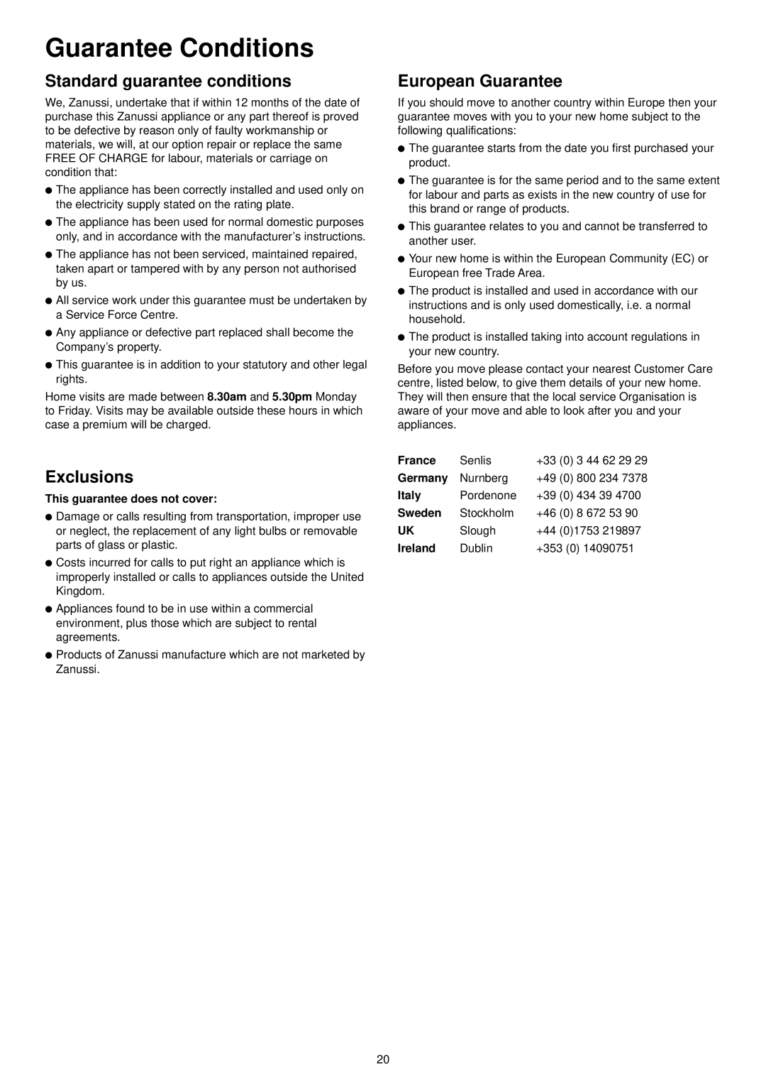 Zanussi ZDI 6896 SX manual Guarantee Conditions, Standard guarantee conditions, Exclusions, European Guarantee 