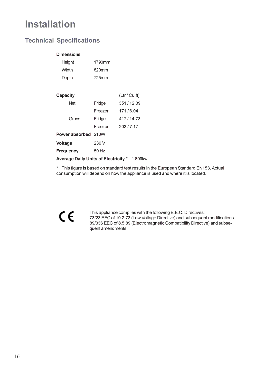 Zanussi ZDK 22 RF manual Installation, Technical Specifications 