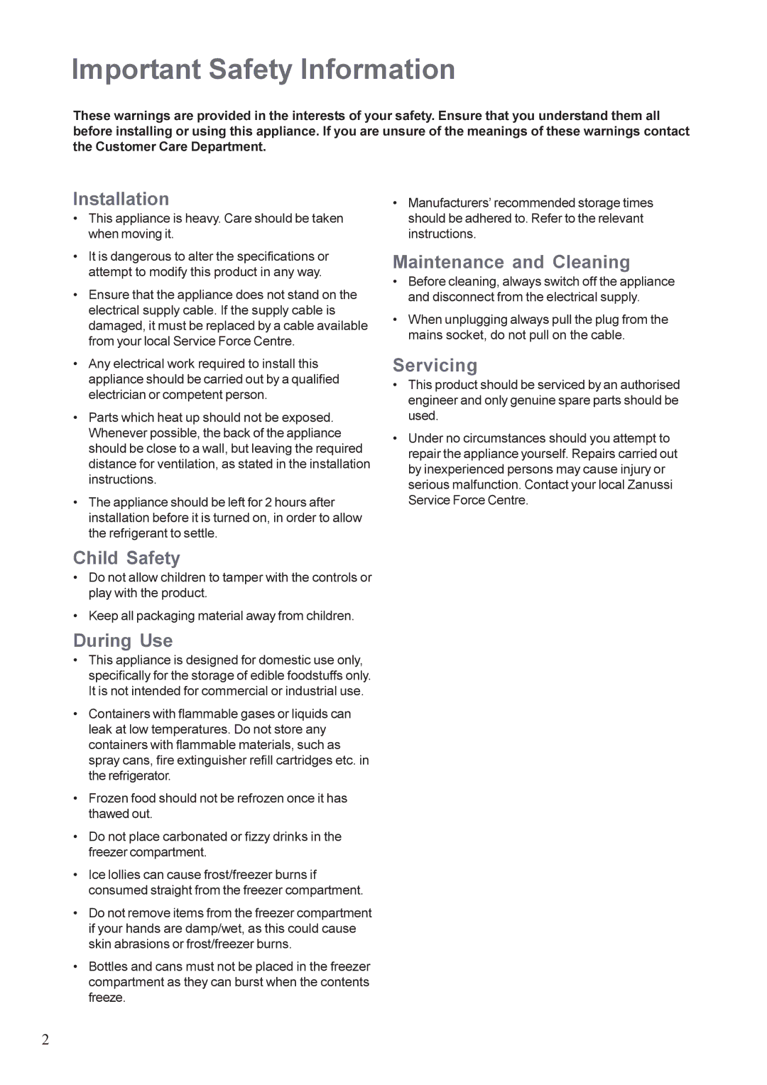 Zanussi ZDK 22 RF manual Important Safety Information 