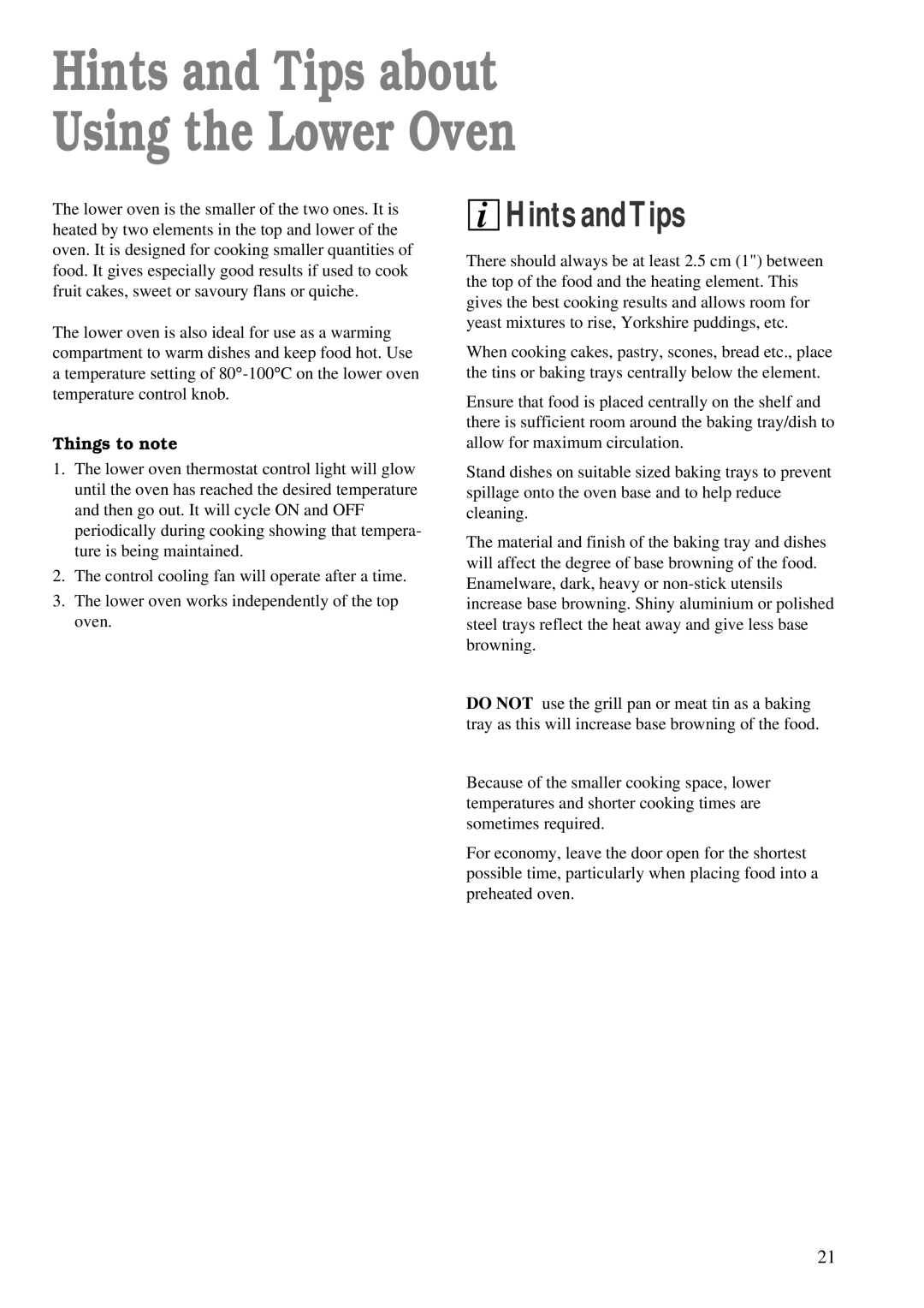 Zanussi ZDM 868 manual Hints and Tips about Using the Lower Oven, Things to note 