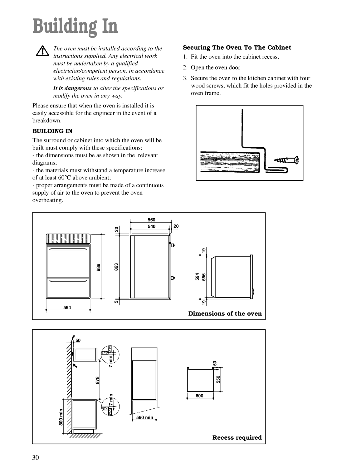 Zanussi ZDM 868 manual Building, Securing The Oven To The Cabinet, Dimensions of the oven, Recess required 