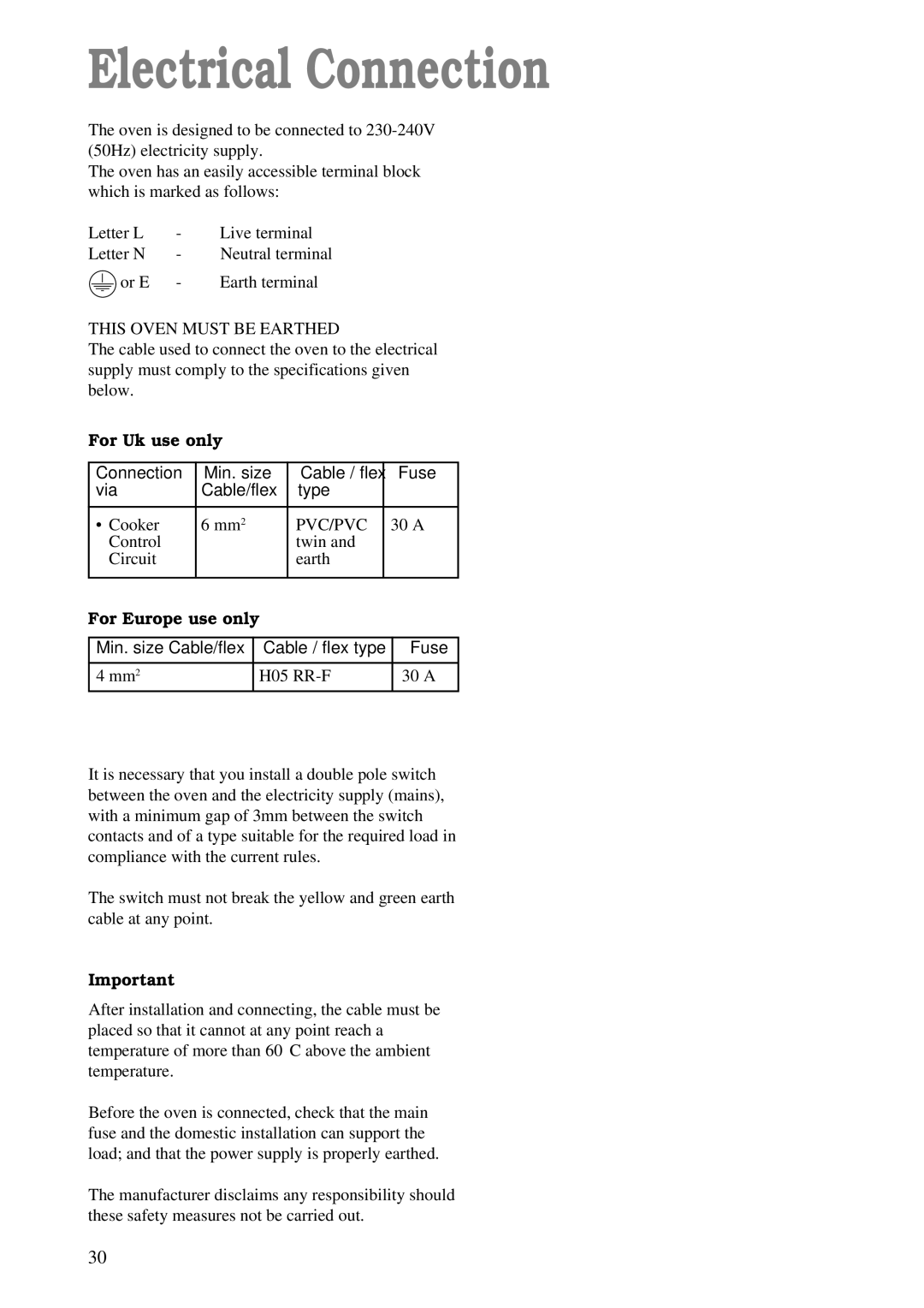 Zanussi ZDM 869 manual Electrical Connection, This Oven Must be Earthed 