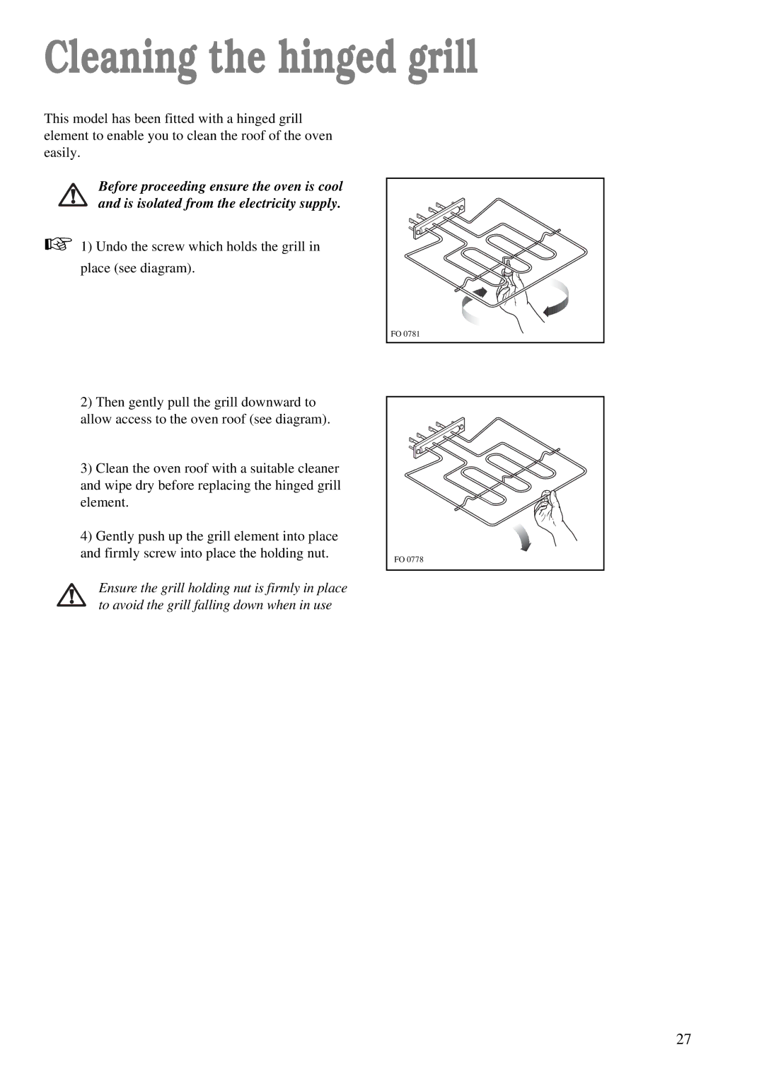 Zanussi ZDM 891 manual Cleaning the hinged grill 