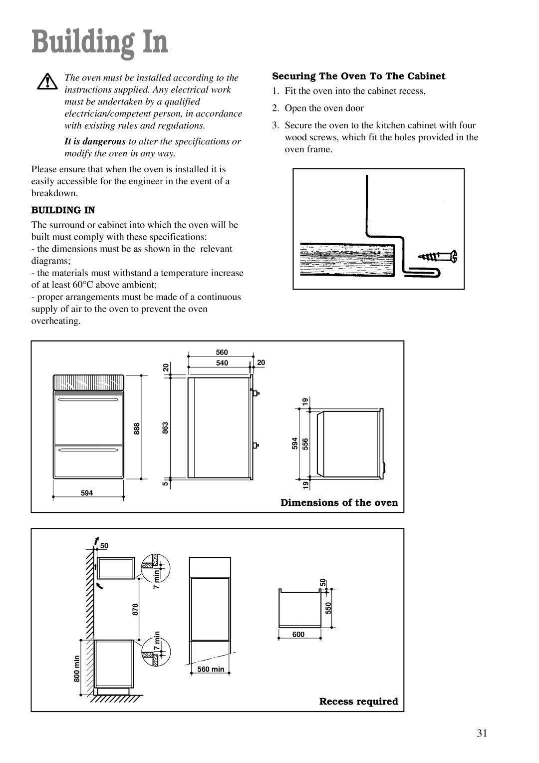 Zanussi ZDM 891 manual Building, Securing The Oven To The Cabinet, Dimensions of the oven, Recess required 