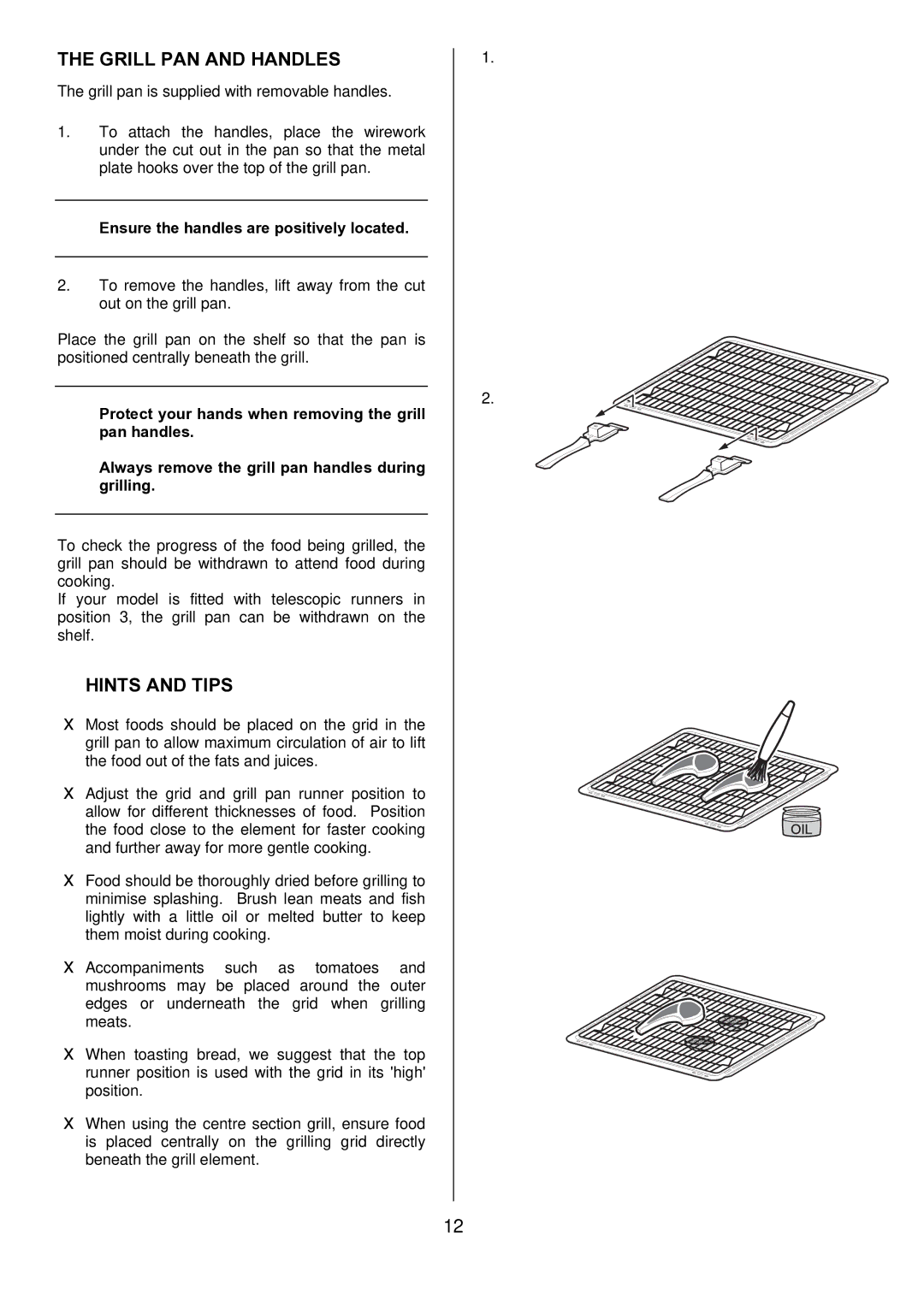 Zanussi ZDQ 595 manual Grill PAN and Handles, Hints and Tips, Ensure the handles are positively located 