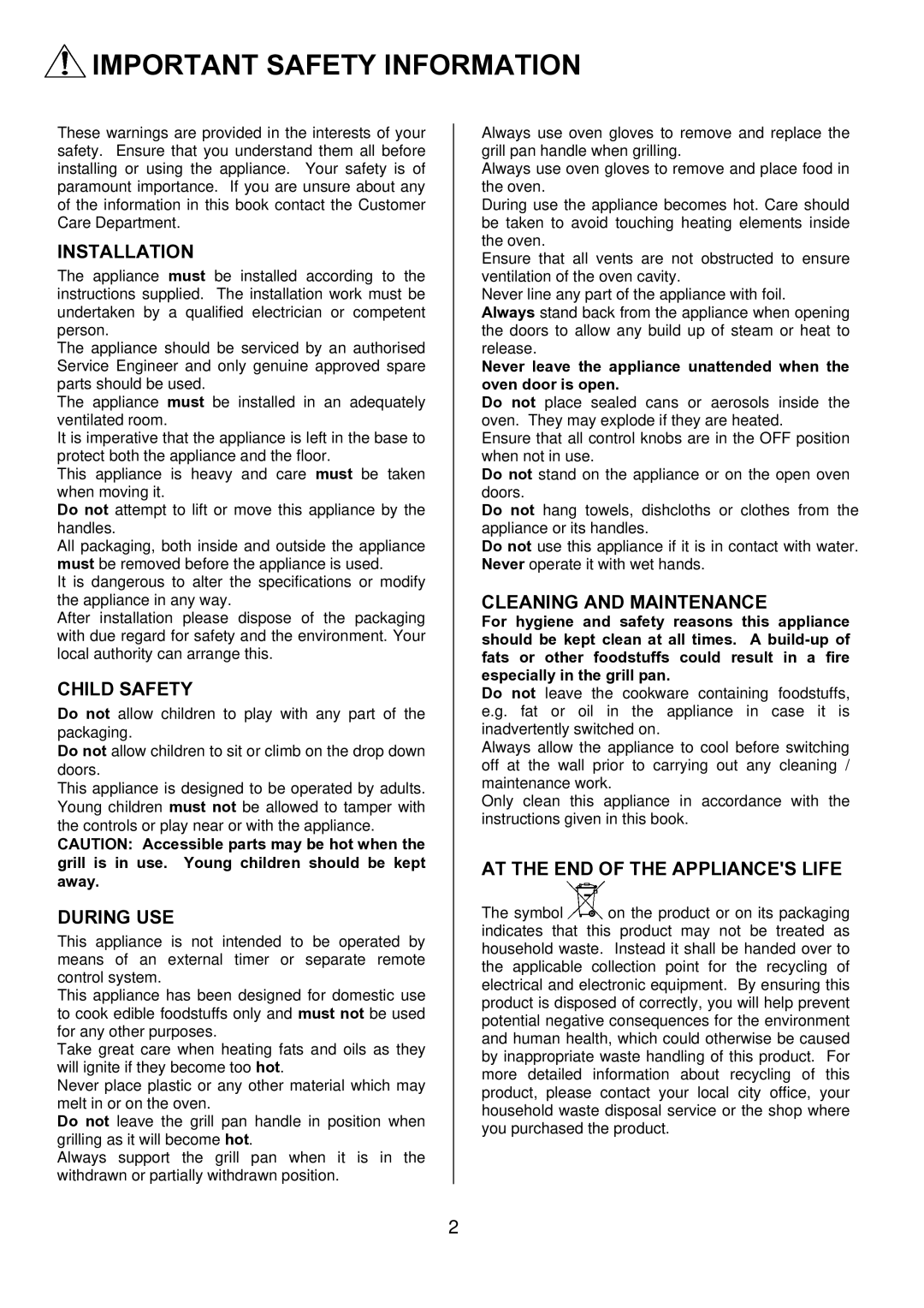 Zanussi ZDQ 595 manual Important Safety Information 