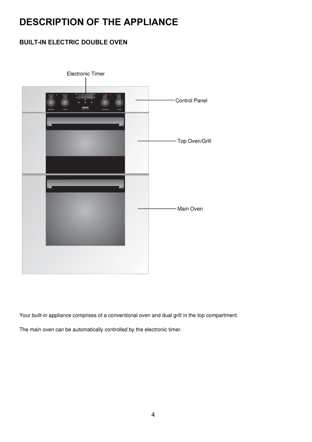 Zanussi ZDQ 595 manual Description of the Appliance, BUILT-IN Electric Double Oven 