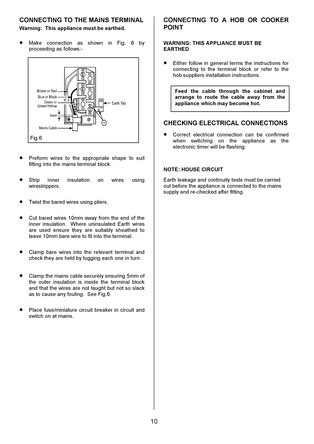 Zanussi ZDQ 695 Connecting to the Mains Terminal, Connecting to a HOB or Cooker Point, Checking Electrical Connections 