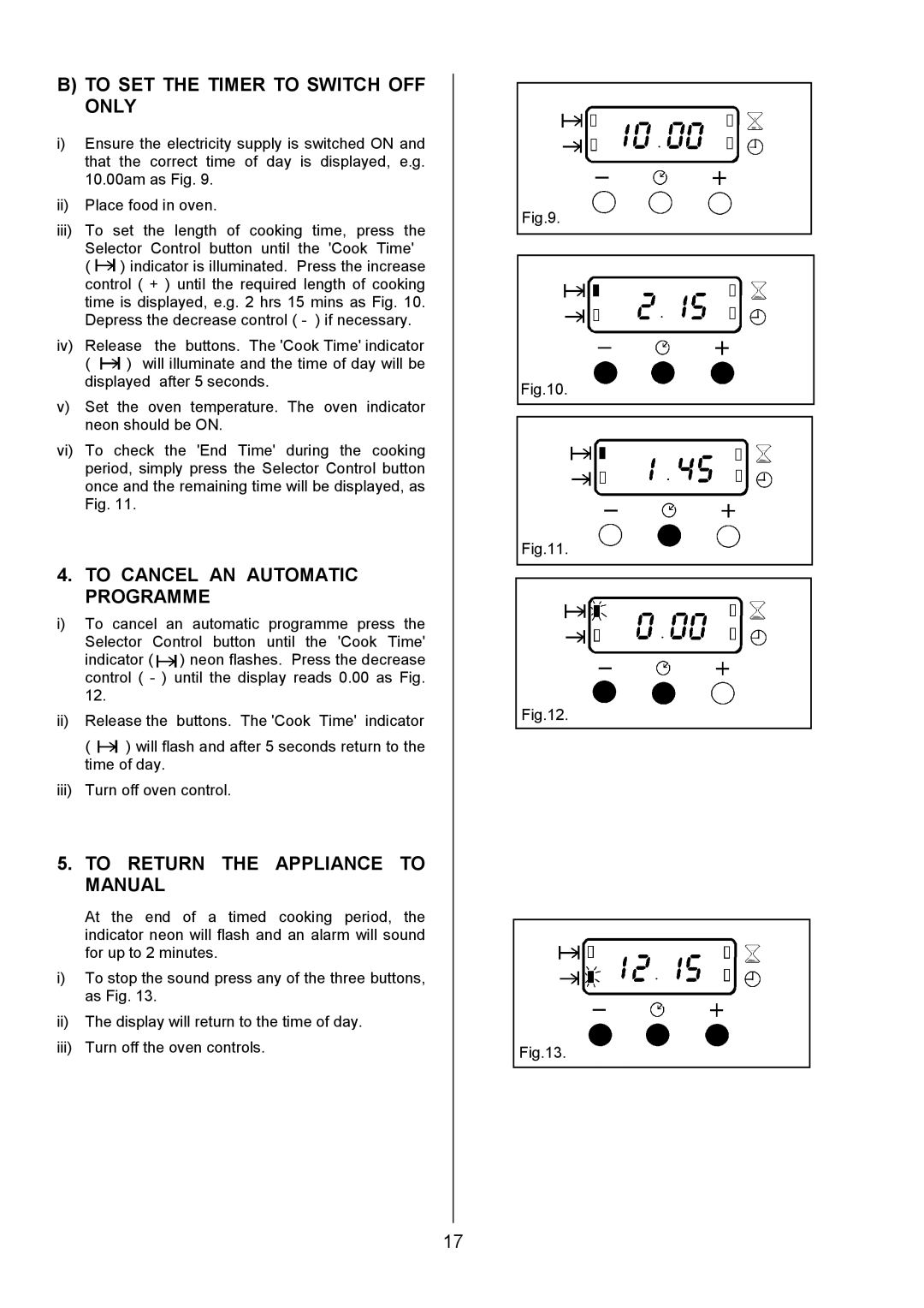 Zanussi ZDQ 695 To SET the Timer to Switch OFF only, To Cancel AN Automatic Programme, To Return the Appliance to Manual 