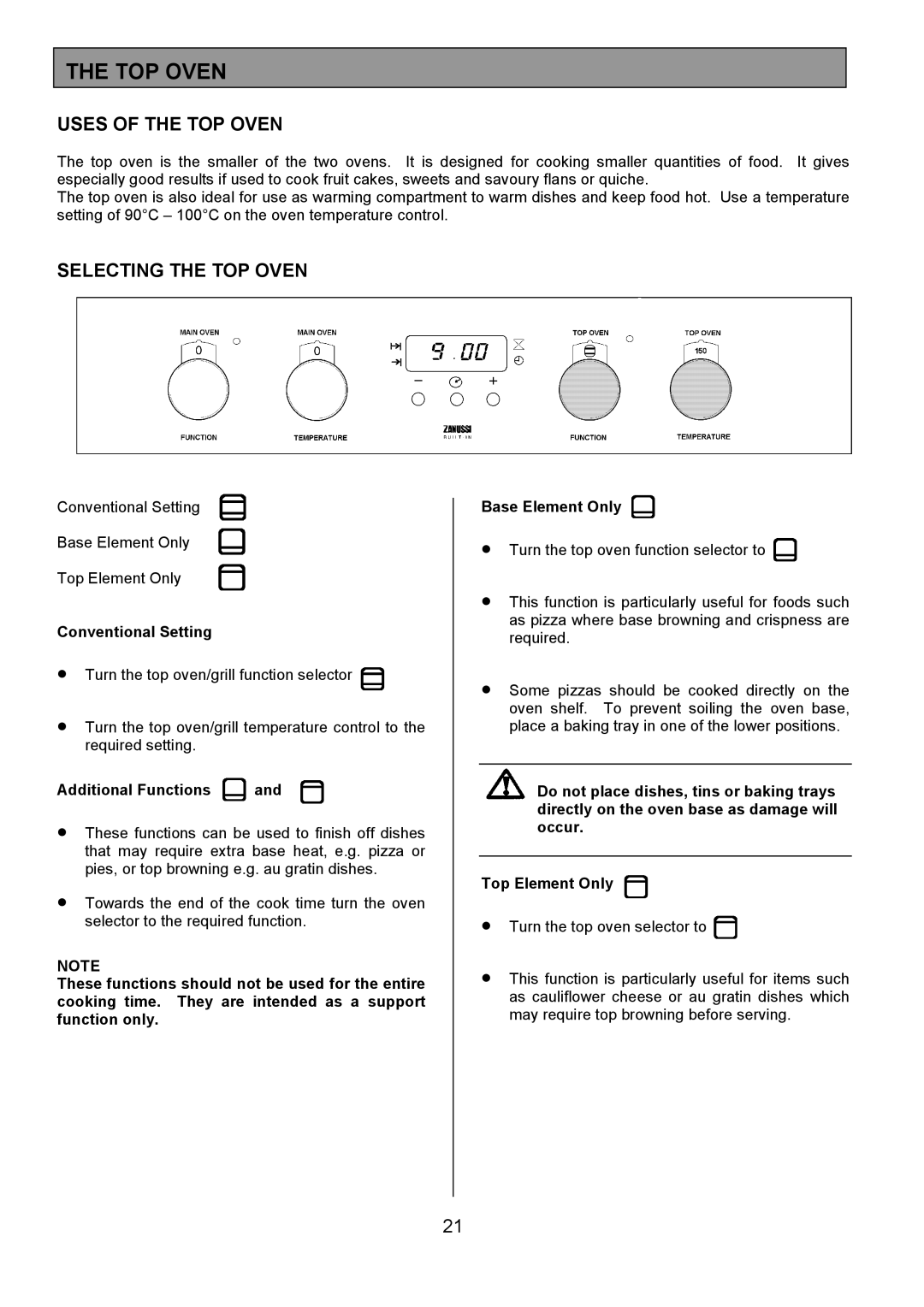 Zanussi ZDQ 695 manual Uses of the TOP Oven, Selecting the TOP Oven 