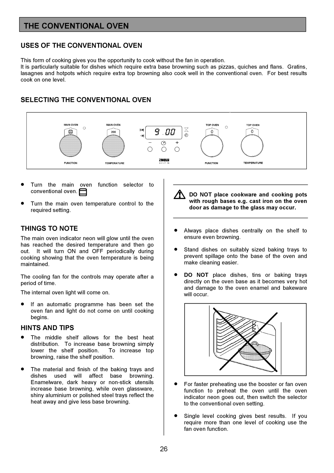 Zanussi ZDQ 695 manual Uses of the Conventional Oven, Selecting the Conventional Oven 