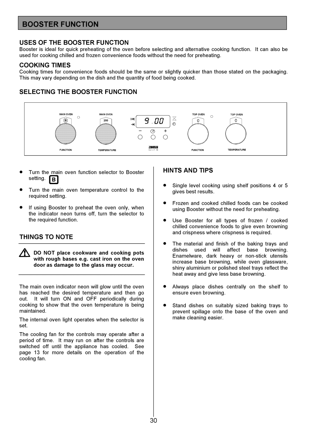 Zanussi ZDQ 695 manual Uses of the Booster Function, Cooking Times, Selecting the Booster Function 