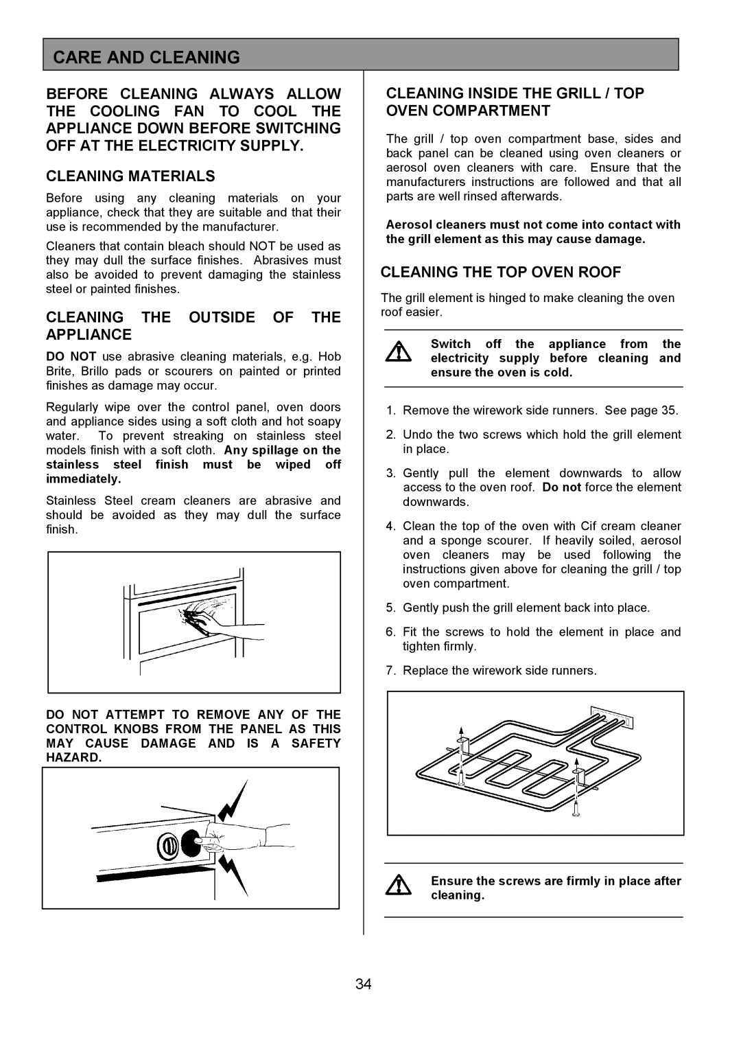 Zanussi ZDQ 695 Care and Cleaning, Cleaning the Outside of the Appliance, Cleaning Inside the Grill / TOP Oven Compartment 