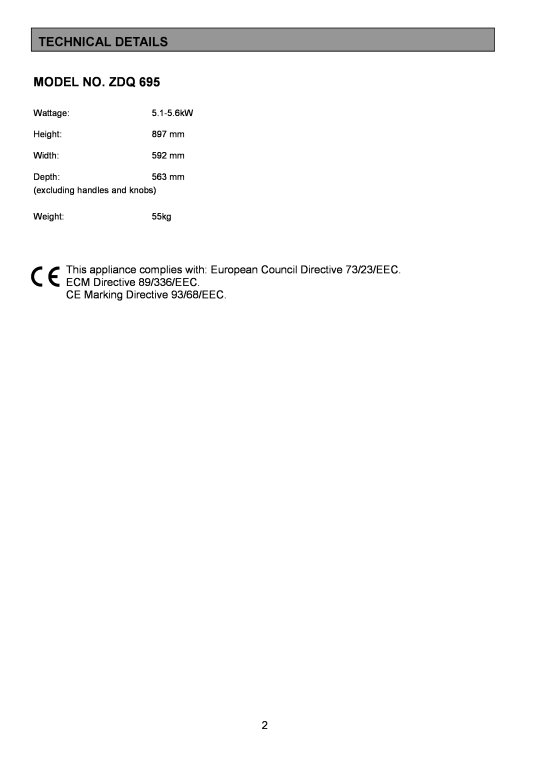 Zanussi ZDQ 695 manual Technical Details Model No. Zdq, CE Marking Directive 93/68/EEC 