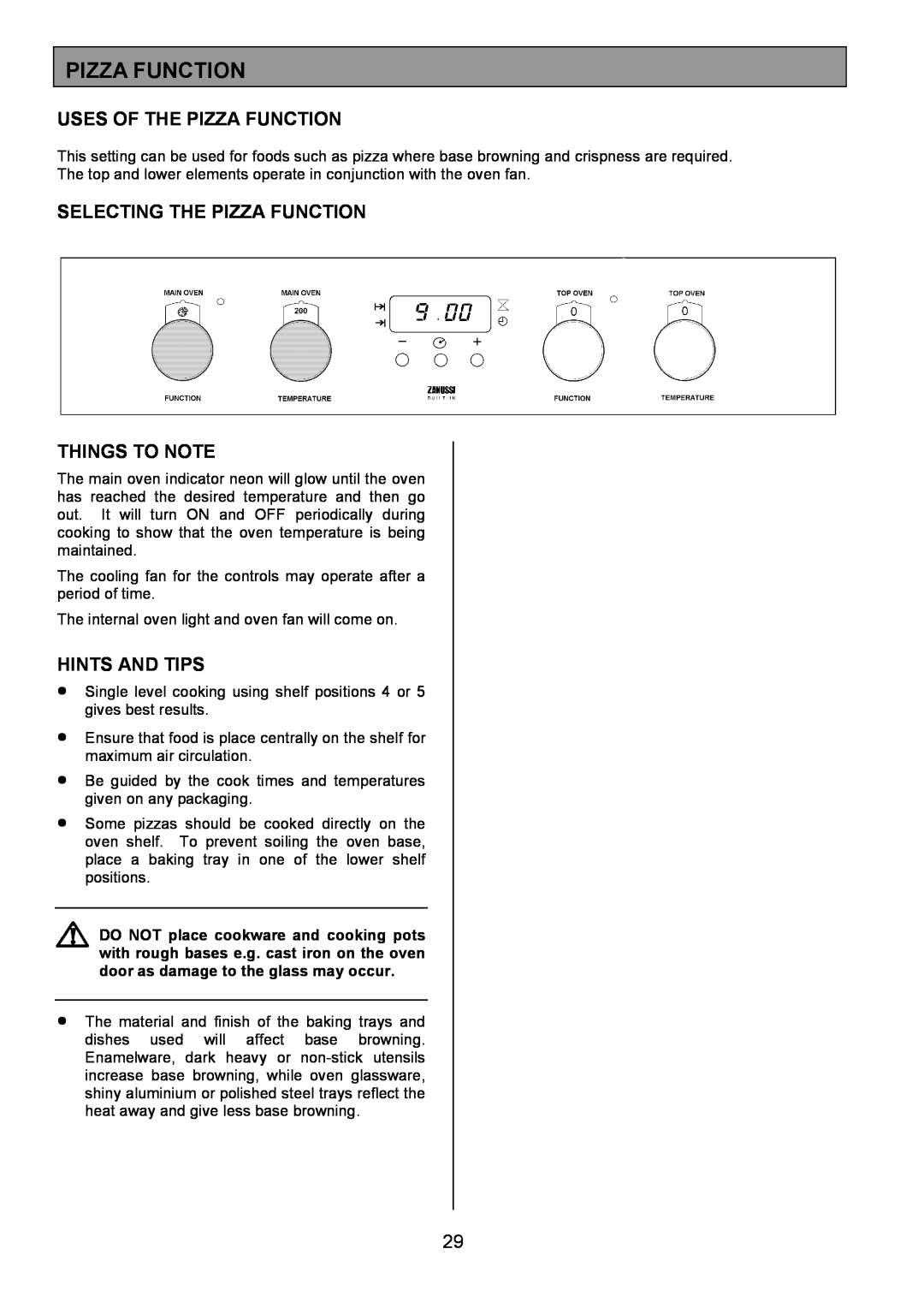 Zanussi ZDQ 695 manual Uses Of The Pizza Function, Selecting The Pizza Function, Things To Note, Hints And Tips 