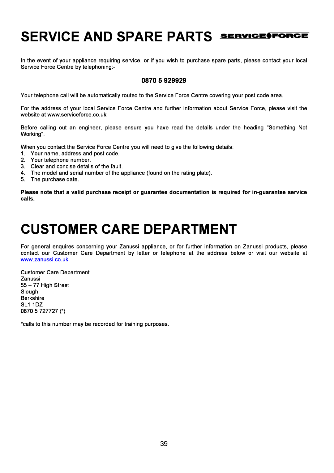 Zanussi ZDQ 695 manual 0870 5, Service And Spare Parts, Customer Care Department 