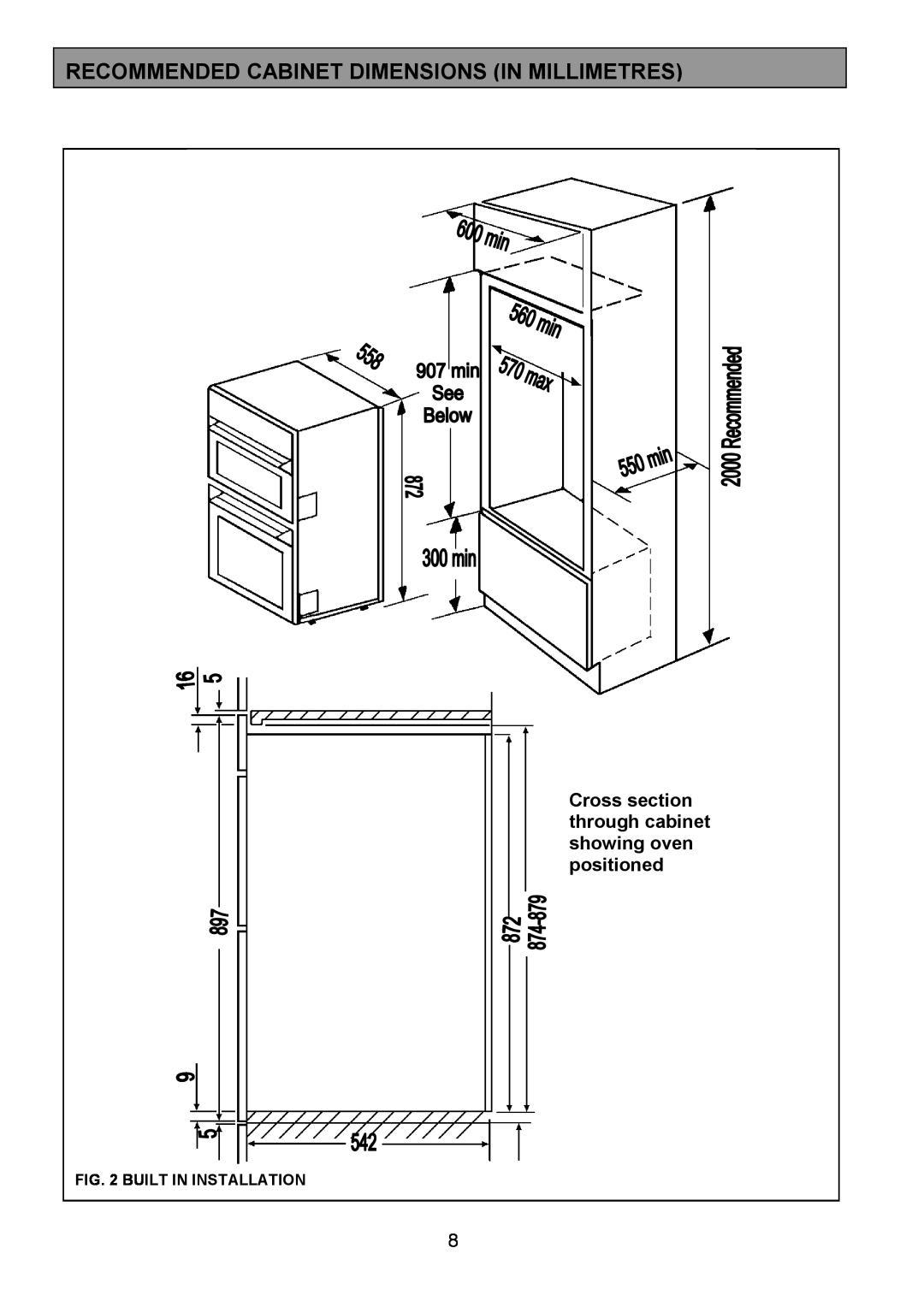 Zanussi ZDQ 695 manual Recommended Cabinet Dimensions In Millimetres, Cross section through cabinet showing oven positioned 