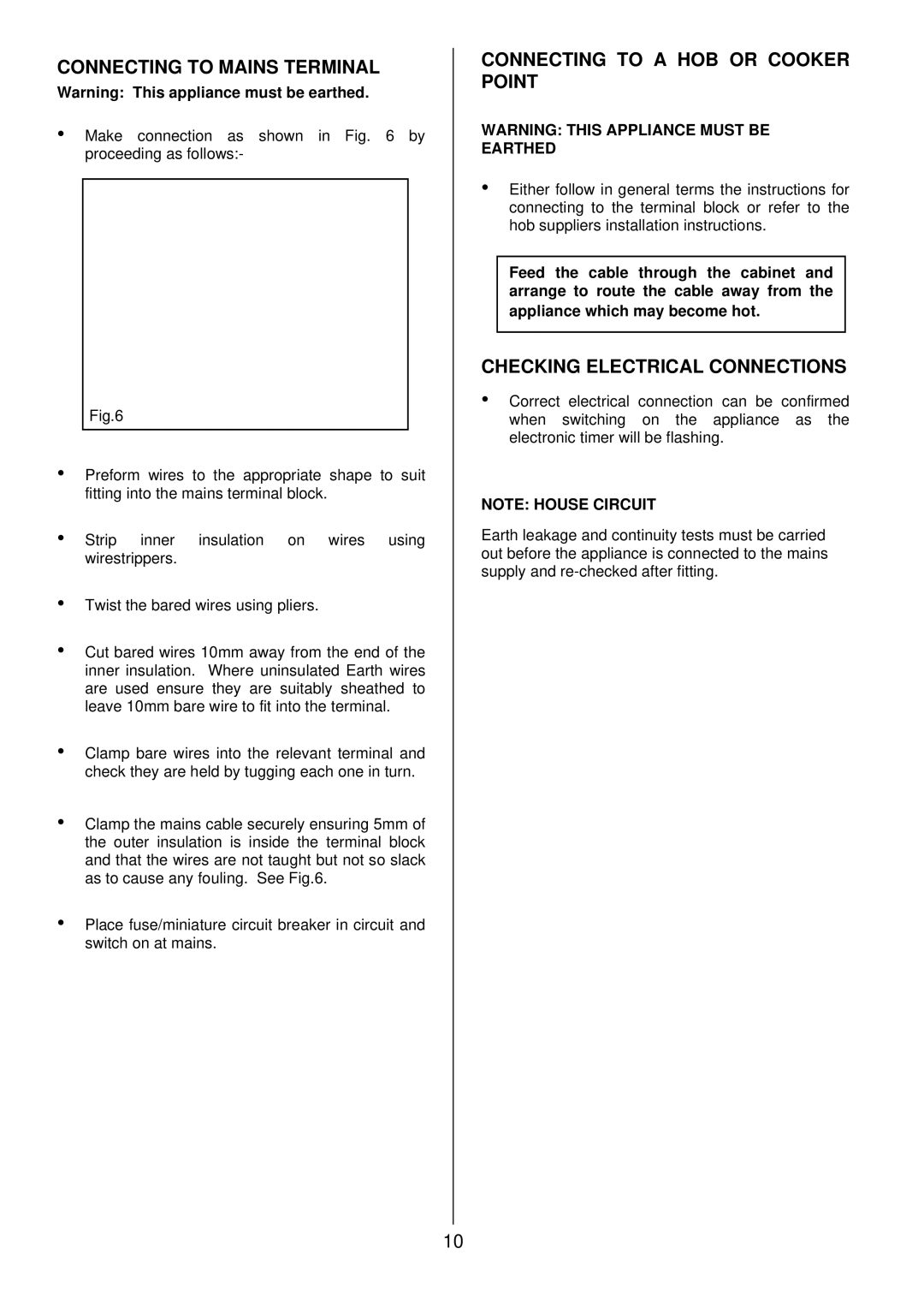 Zanussi ZDQ 895 manual Connecting to Mains Terminal, Connecting to a HOB or Cooker Point, Checking Electrical Connections 