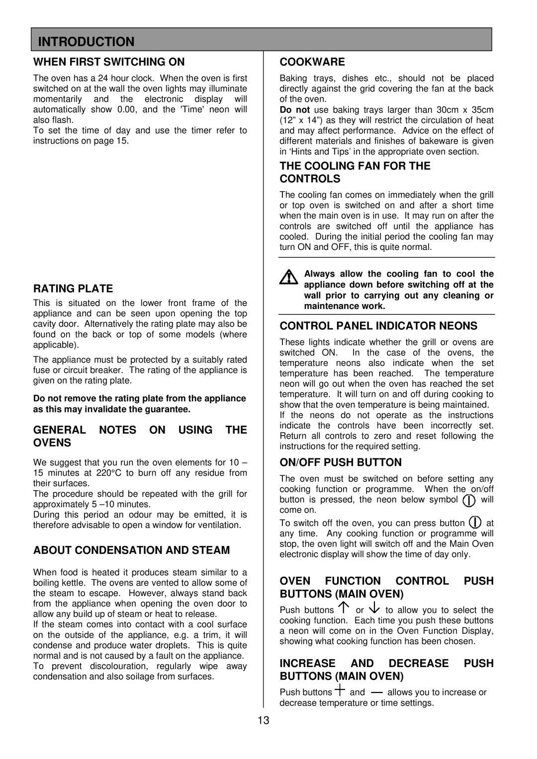 Zanussi ZDQ 895 When First Switching on, Rating Plate, General Notes on Using the Ovens, About Condensation and Steam 