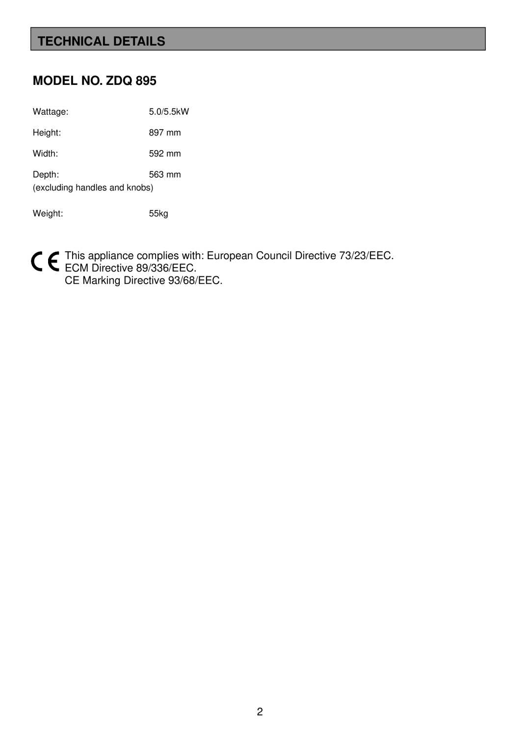 Zanussi ZDQ 895 manual Technical Details Model NO. ZDQ 