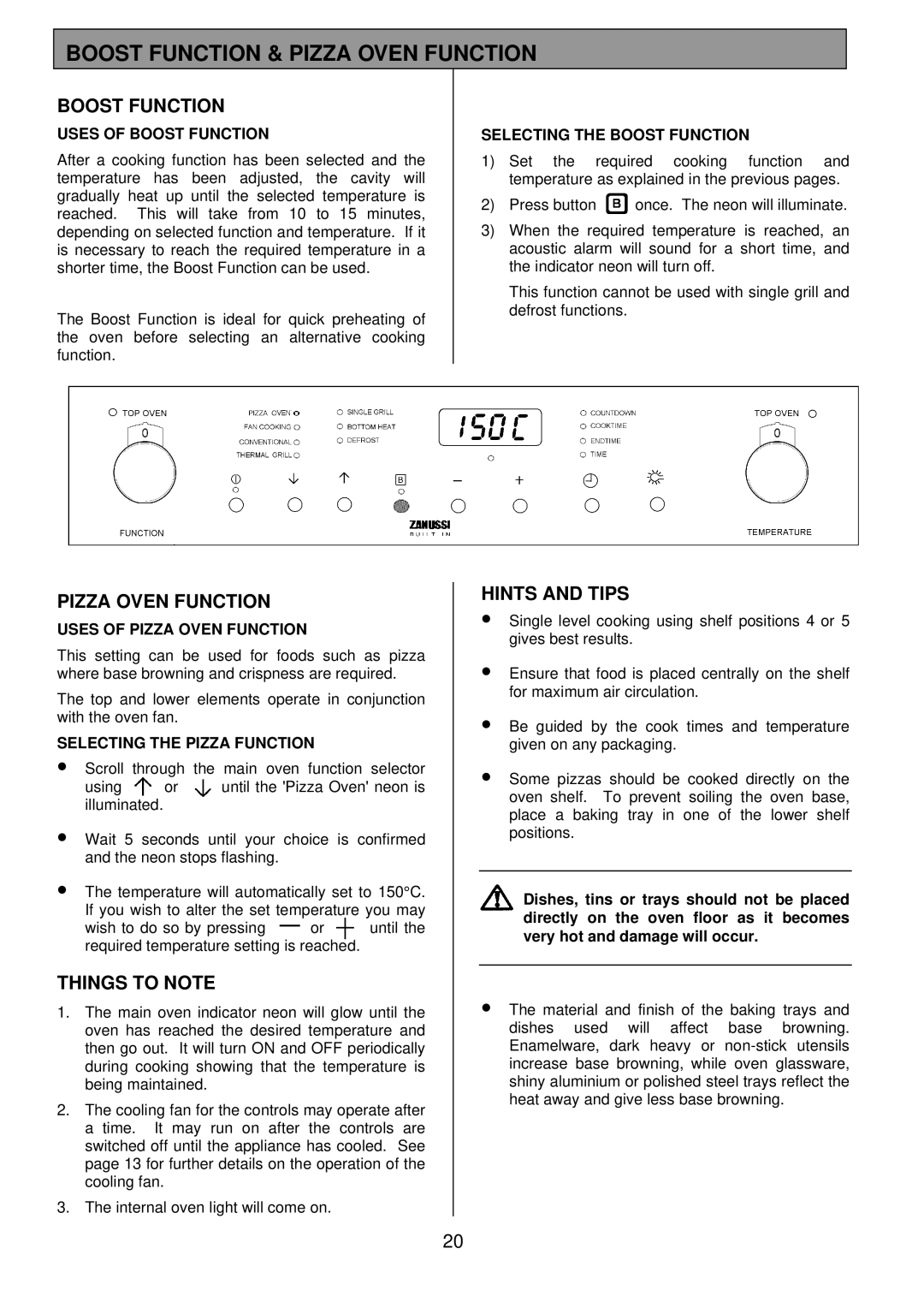 Zanussi ZDQ 895 manual Boost Function & Pizza Oven Function, Hints and Tips 