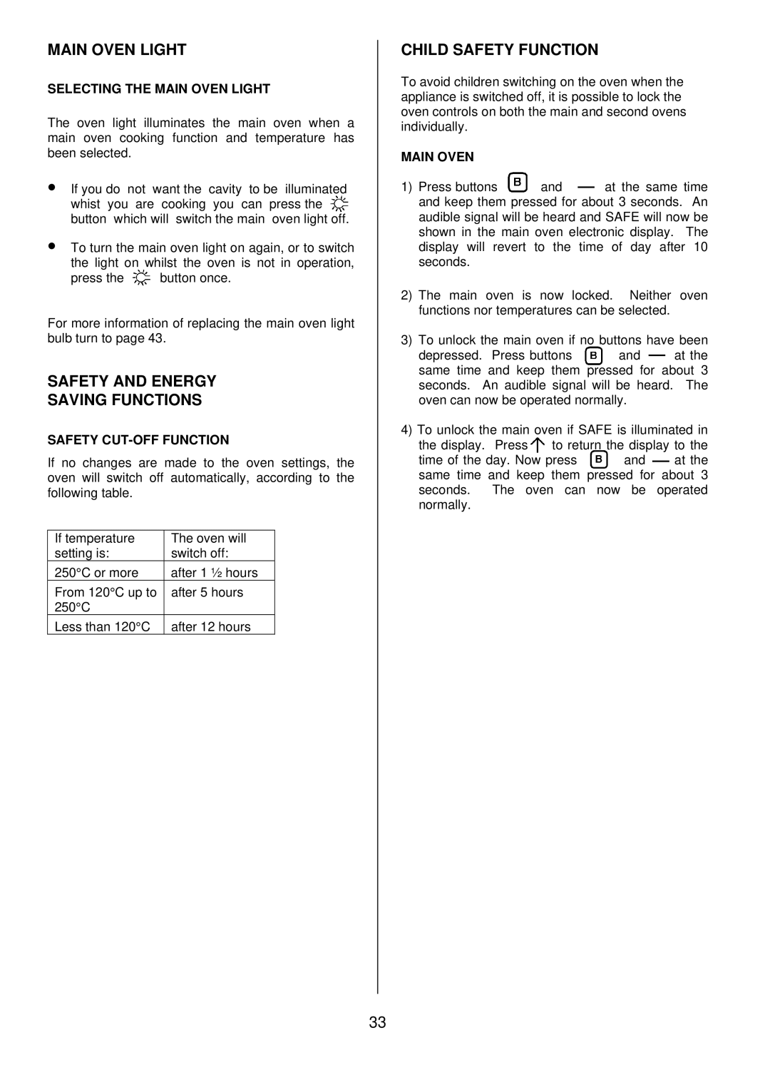 Zanussi ZDQ 895 manual Main Oven Light, Safety and Energy Saving Functions, Child Safety Function 