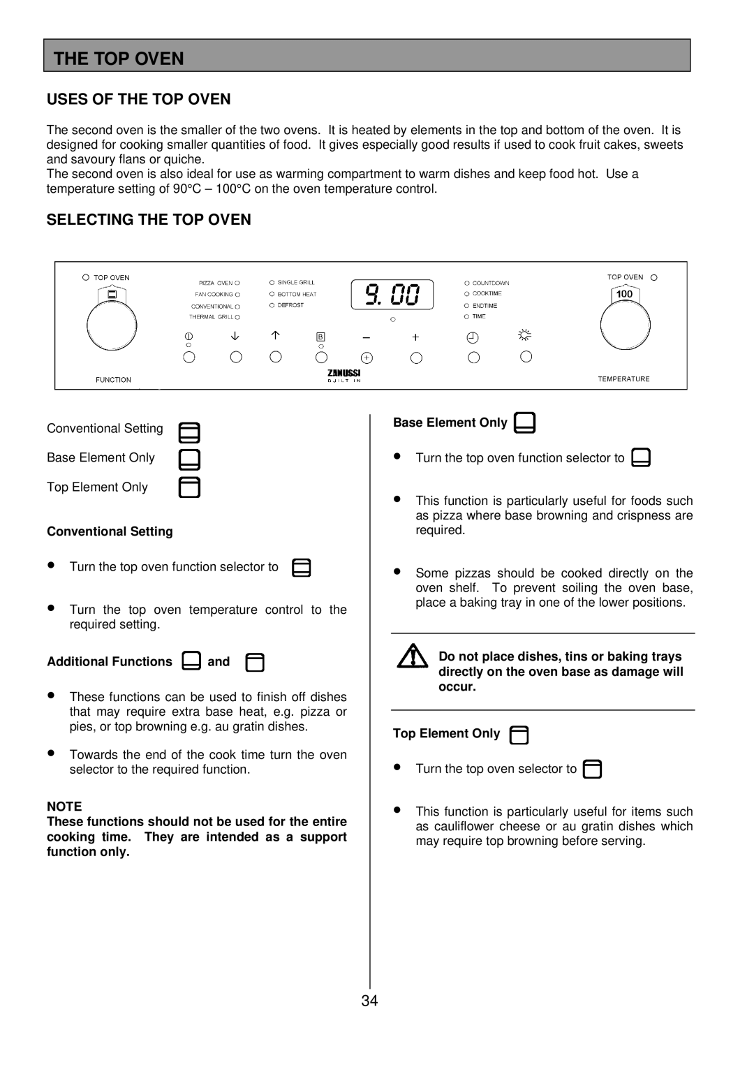 Zanussi ZDQ 895 manual Uses of the TOP Oven, Selecting the TOP Oven, Conventional Setting, Additional Functions 