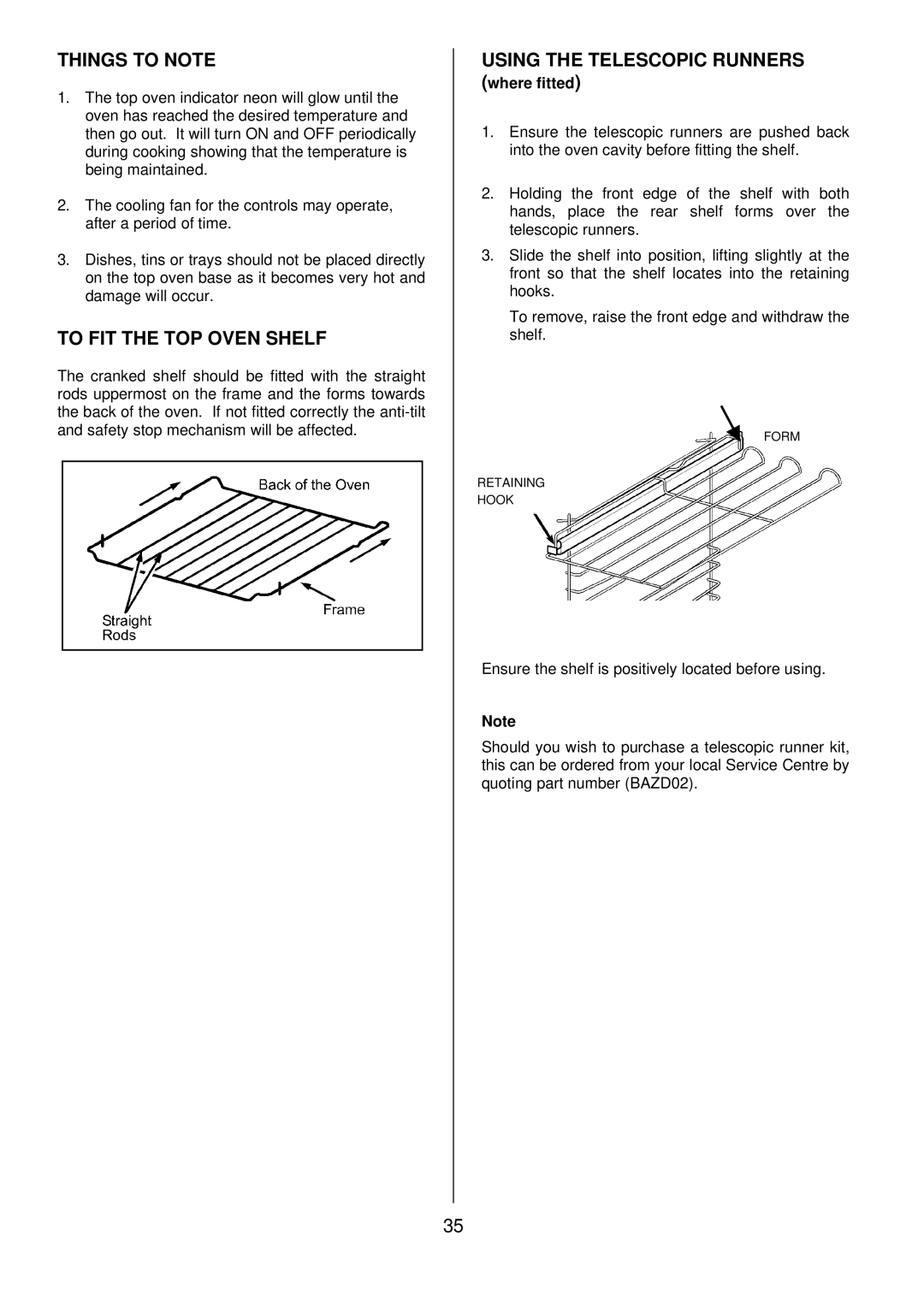 Zanussi ZDQ 895 manual To FIT the TOP Oven Shelf, Using the Telescopic Runners, Where fitted 