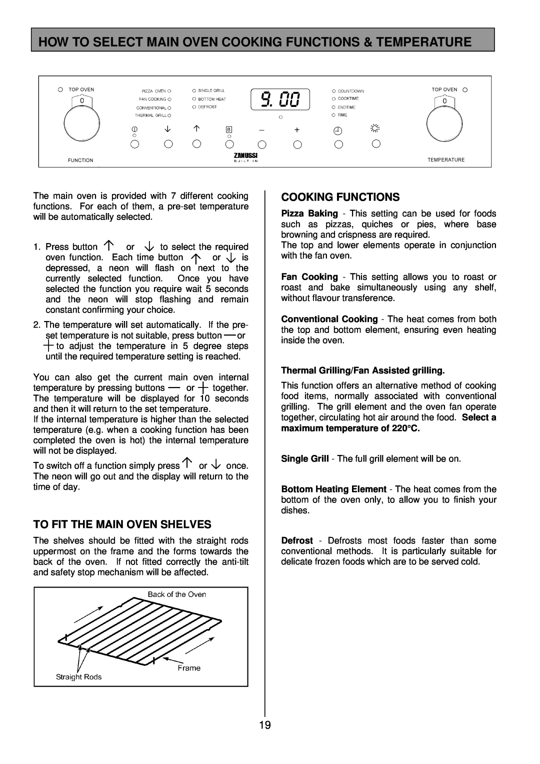 Zanussi ZDQ 895 manual How To Select Main Oven Cooking Functions & Temperature, To Fit The Main Oven Shelves 
