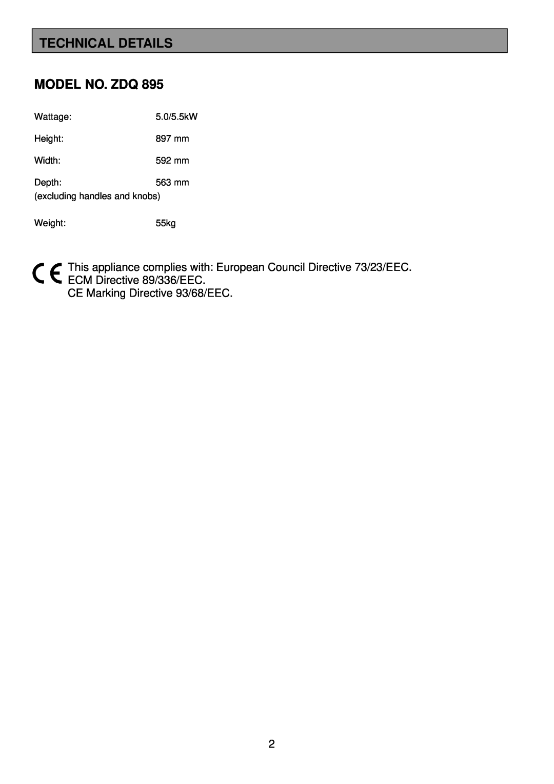 Zanussi ZDQ 895 manual Technical Details, Model No. Zdq, CE Marking Directive 93/68/EEC 