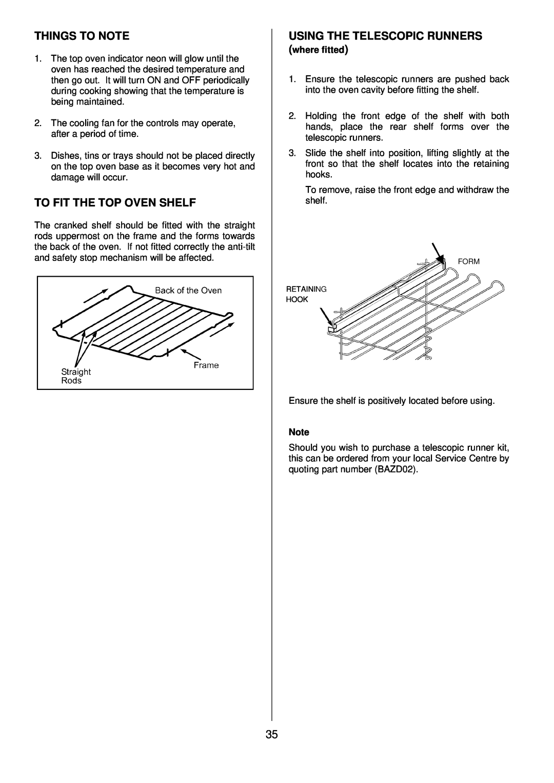 Zanussi ZDQ 895 manual To Fit The Top Oven Shelf, Using The Telescopic Runners, where fitted, Things To Note 