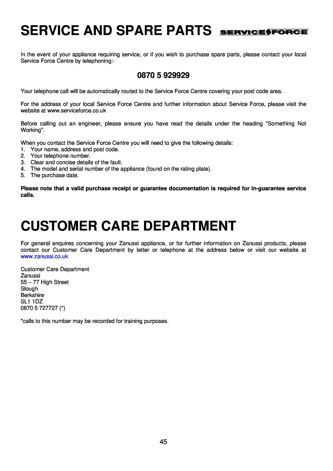 Zanussi ZDQ 895 manual 0870, Service And Spare Parts, Customer Care Department 