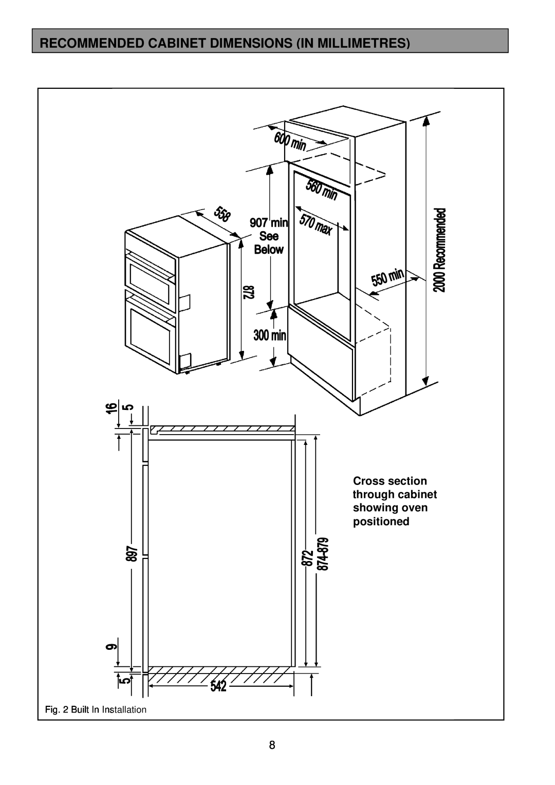 Zanussi ZDQ 895 manual Recommended Cabinet Dimensions In Millimetres, Cross section through cabinet showing oven positioned 