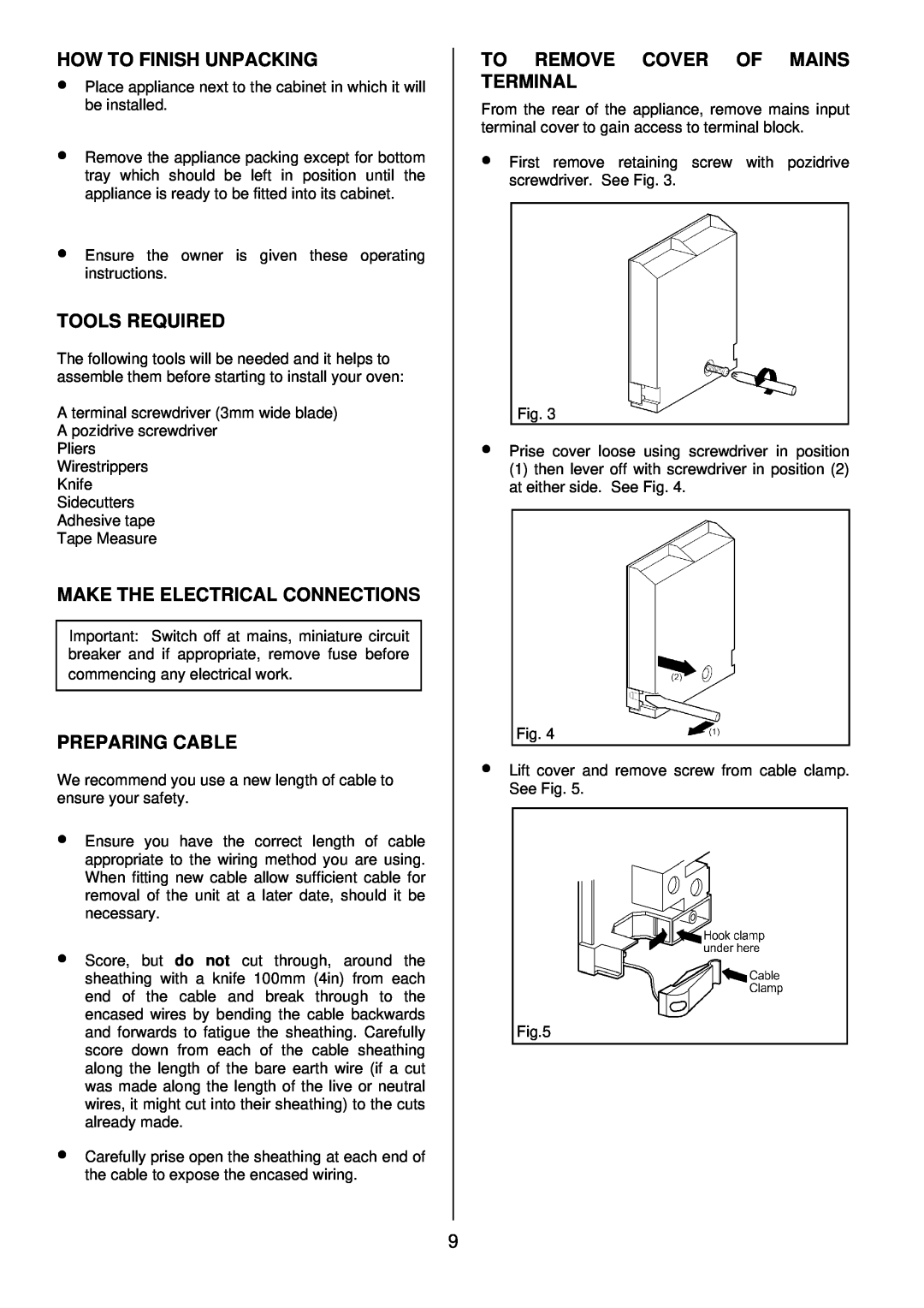 Zanussi ZDQ 895 manual How To Finish Unpacking, Tools Required, Make The Electrical Connections, Preparing Cable 
